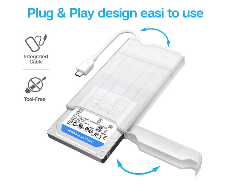 ineo 2.5 inch USB 3.0 Tool-Less External Hard Drive Enclosure for 9.5mm & 7mm SATA HDD SSD with UASP Supported - [T2573] (USB 3.1 Type C - White) - Image 4